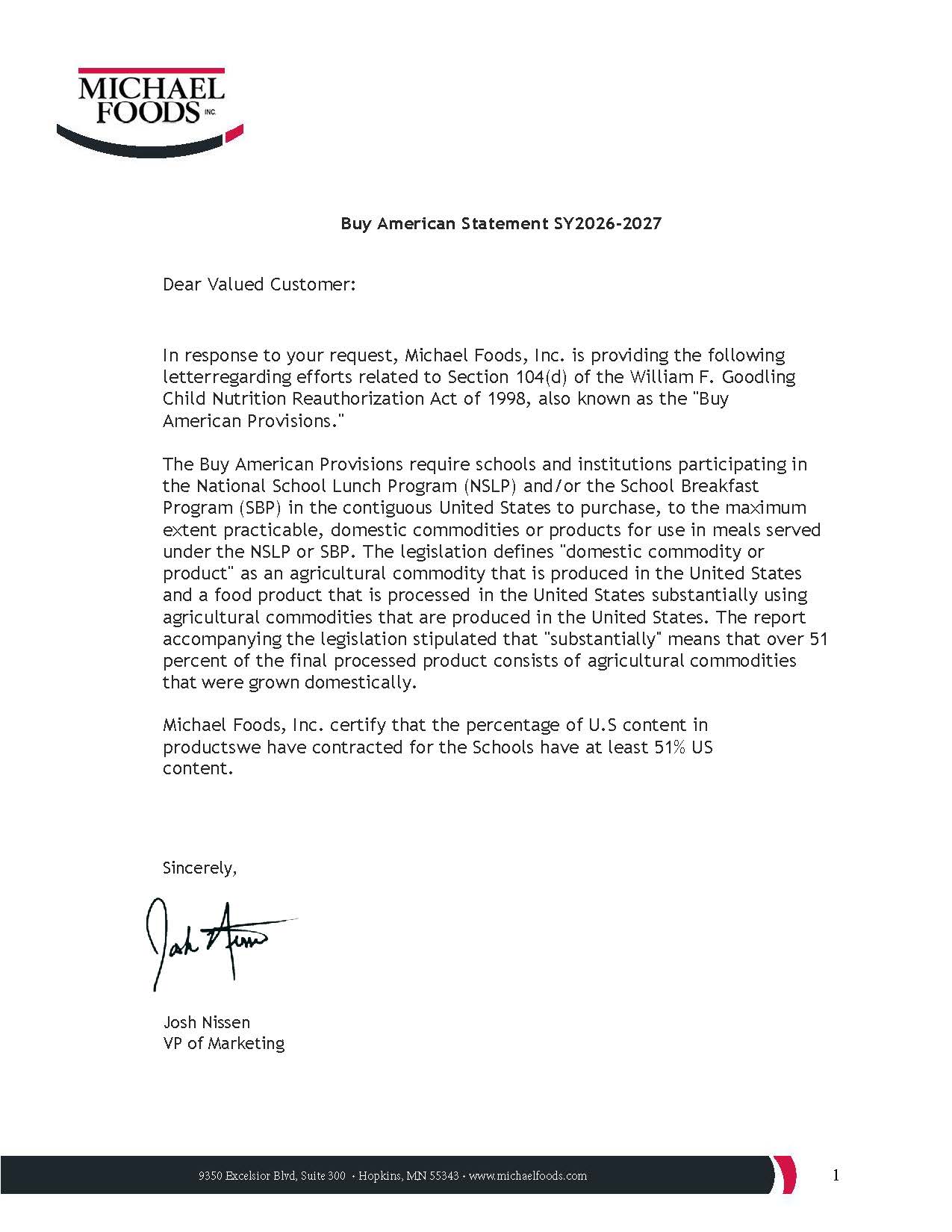 Buy American Letter SY 2026-27