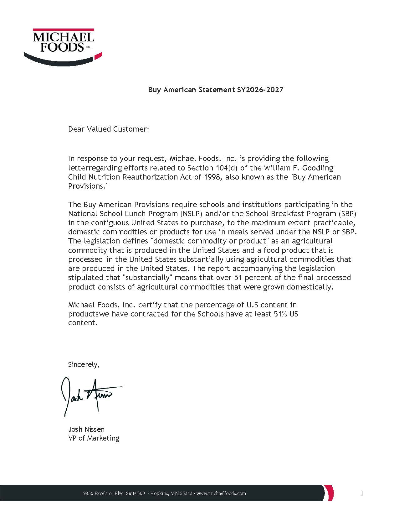 Wholesome Farms Buy American Letter SY2026-2027