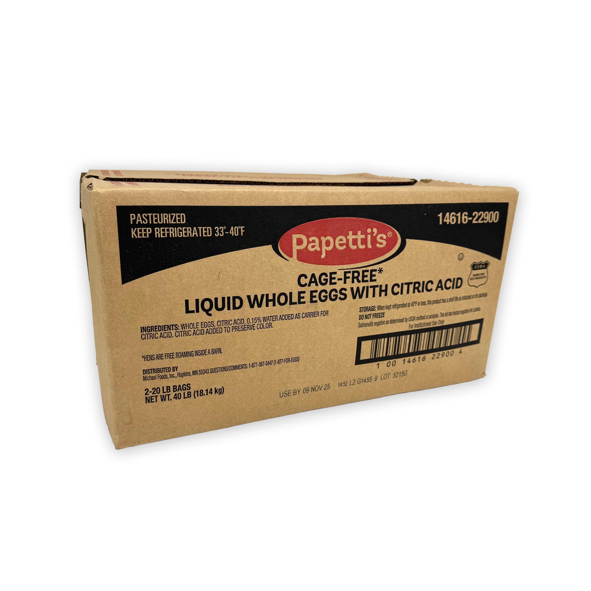 Papetti’s® Cage-Free Refrigerated Liquid Whole Egg with Citric Acid, 2/20 Lb Bag