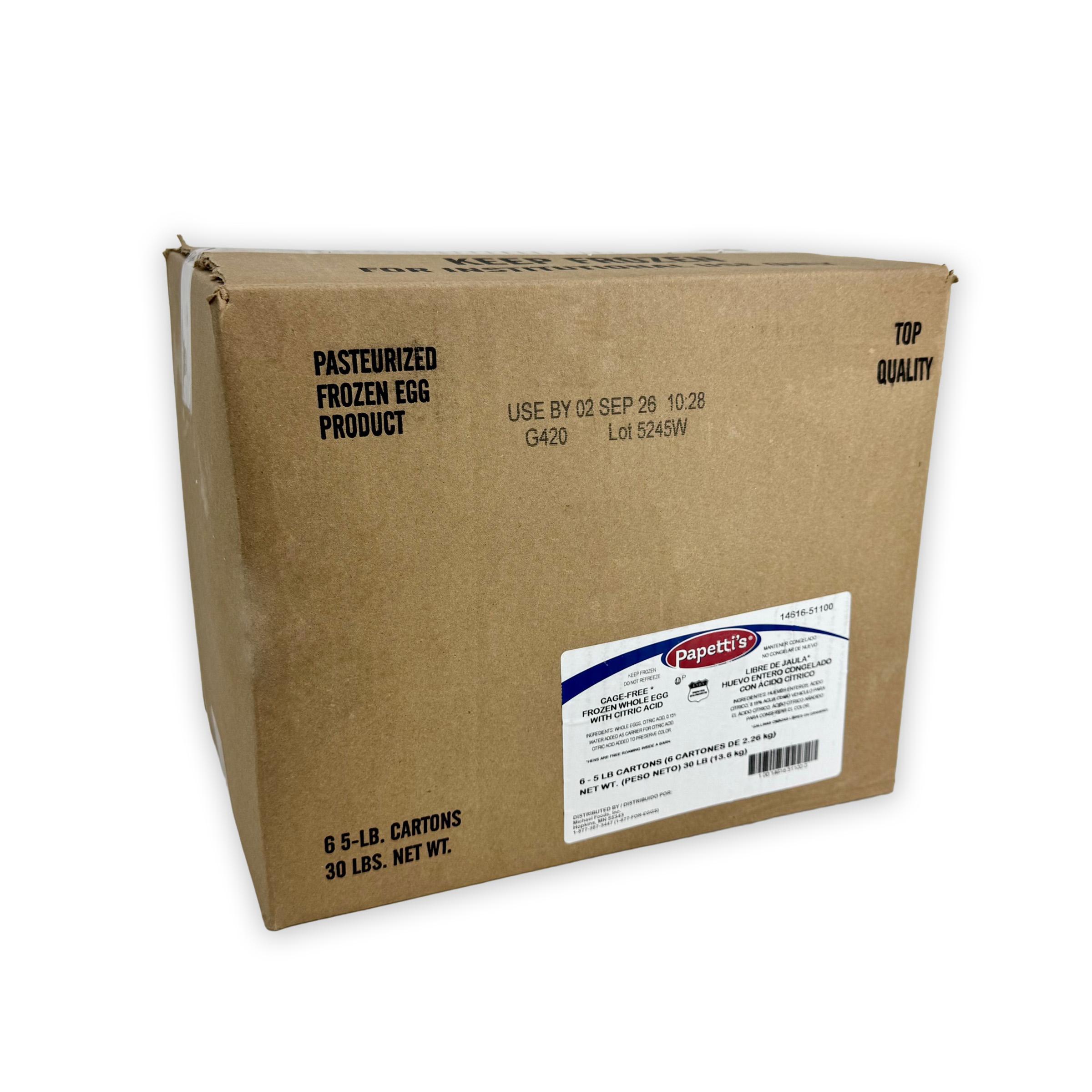 Papetti’s® Cage-Free Frozen Liquid Whole Eggs w/Citric Acid, 6/5 Lb Cartons