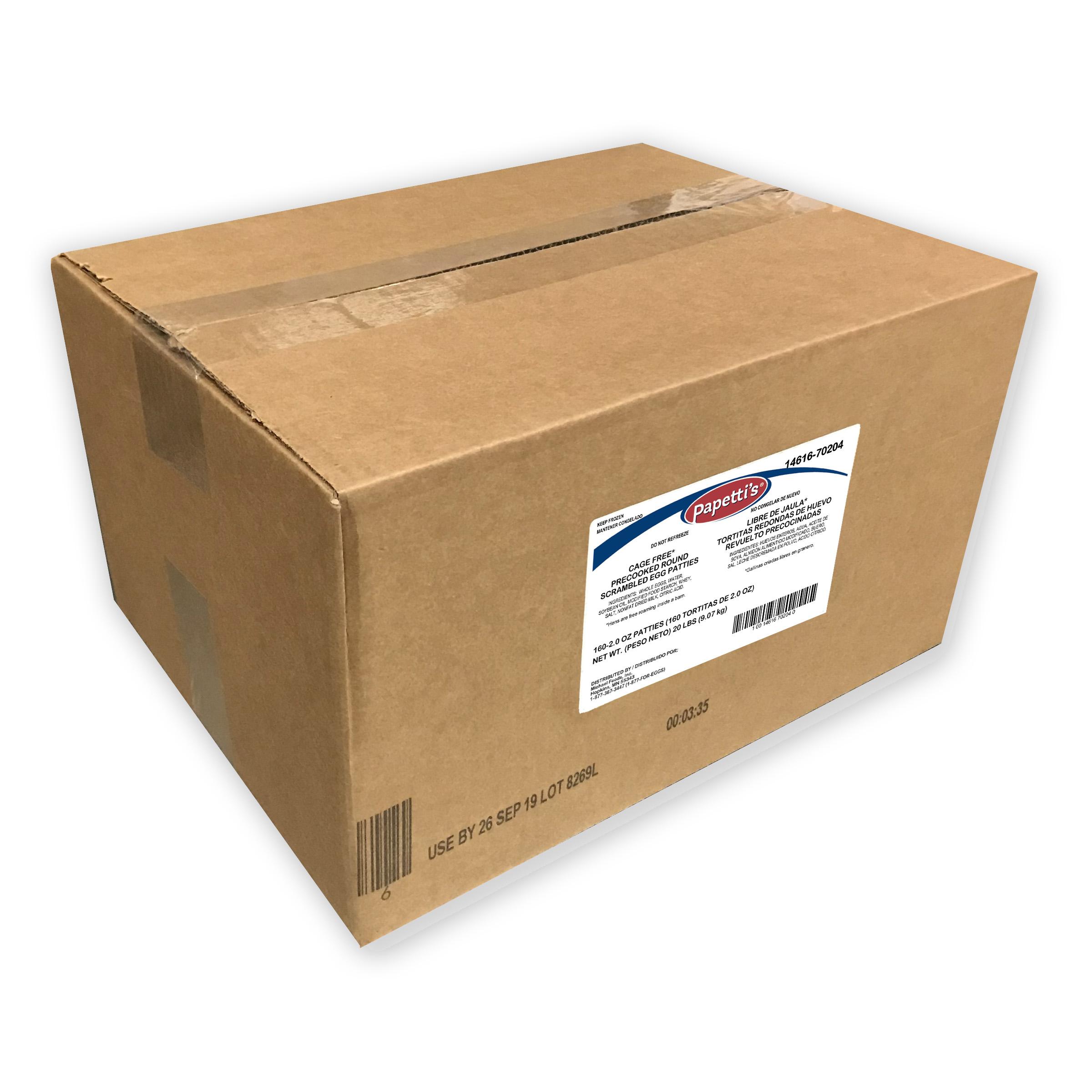 Papetti’s® Cage-Free Fully-Cooked 4.5” Round Scrambled Egg Patties with Medium Browning, 160/2 oz