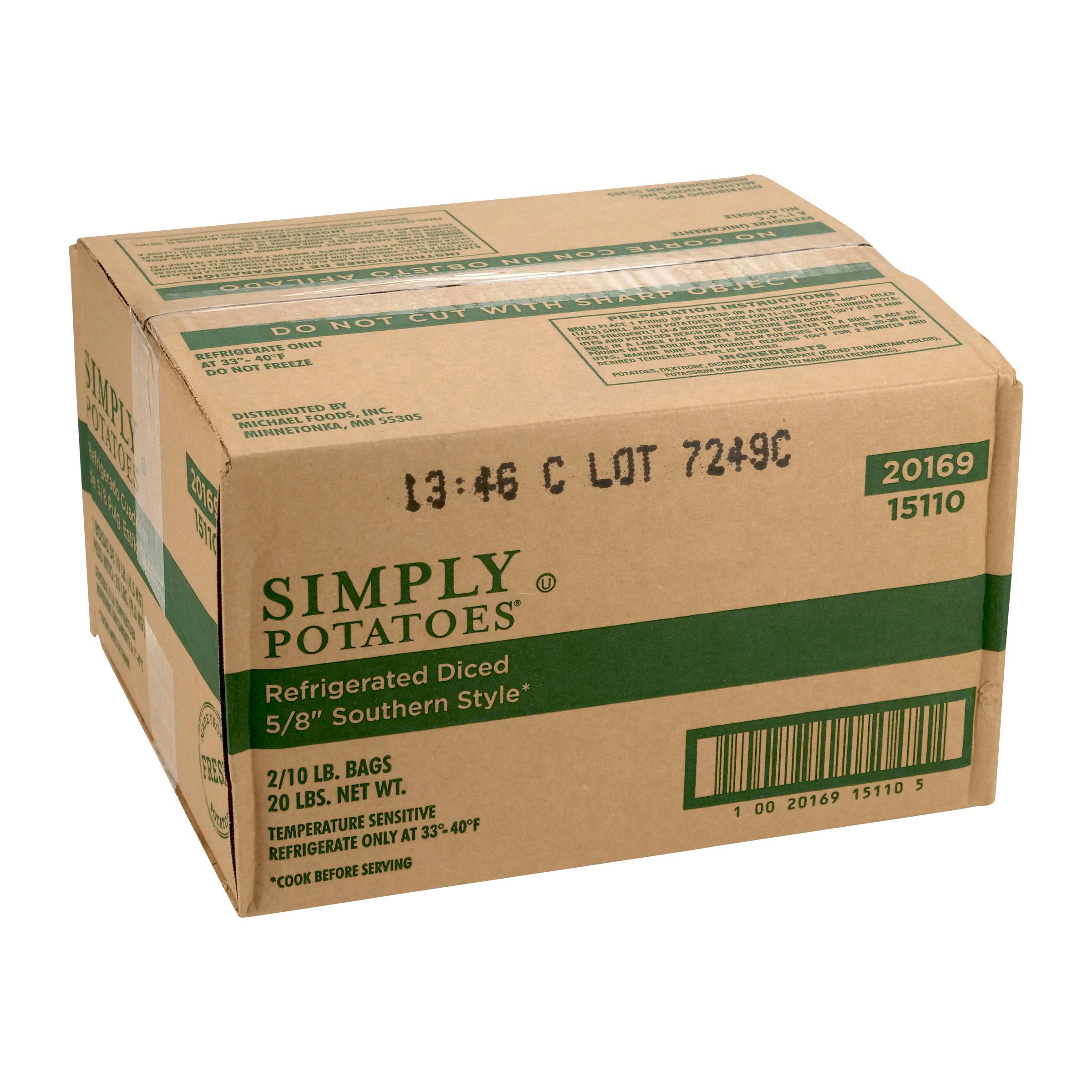 Simply Potatoes® Refrigerated 5/8″ Southern Style Diced Potatoes made with peeled Russet potatoes diced 5/8″ x 5/8″ x 3/4″, 2/10 Lb