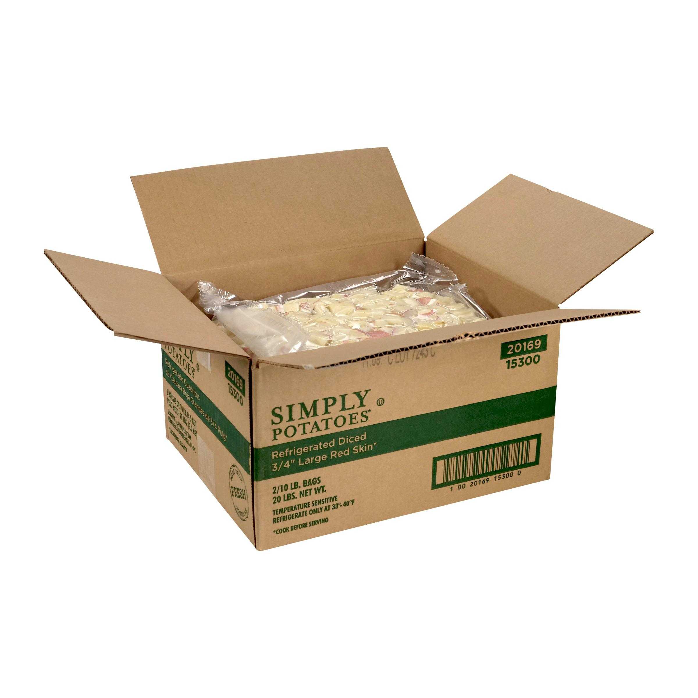 Simply Potatoes® Refrigerated 3/4″ Red Skin Diced Potatoes made with skin-on Red potatoes diced 5/8″ x 3/4″ x 3/4″, 2/10 Lb Bags