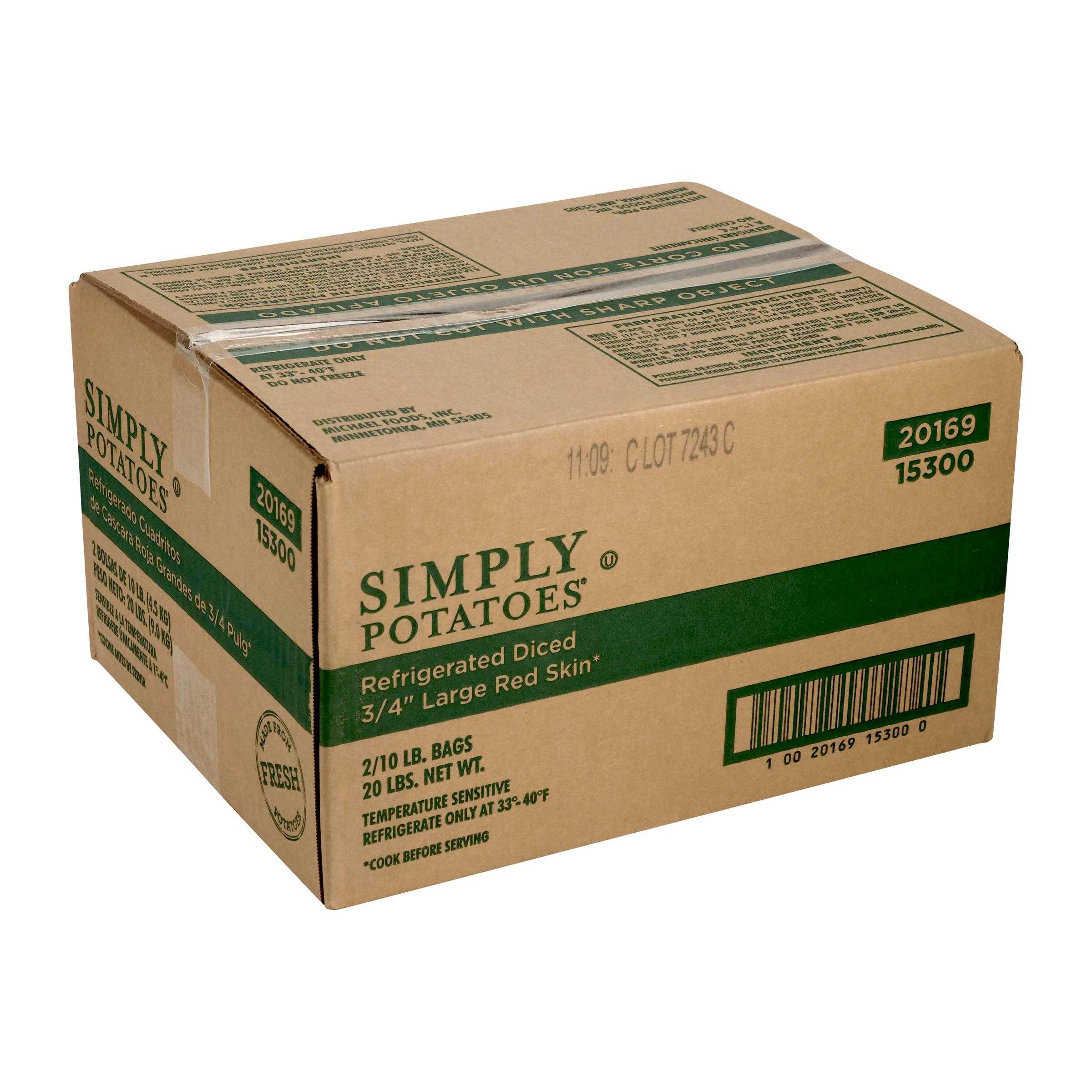 Simply Potatoes® Refrigerated 3/4″ Red Skin Diced Potatoes made with skin-on Red potatoes diced 5/8″ x 3/4″ x 3/4″, 2/10 Lb Bags