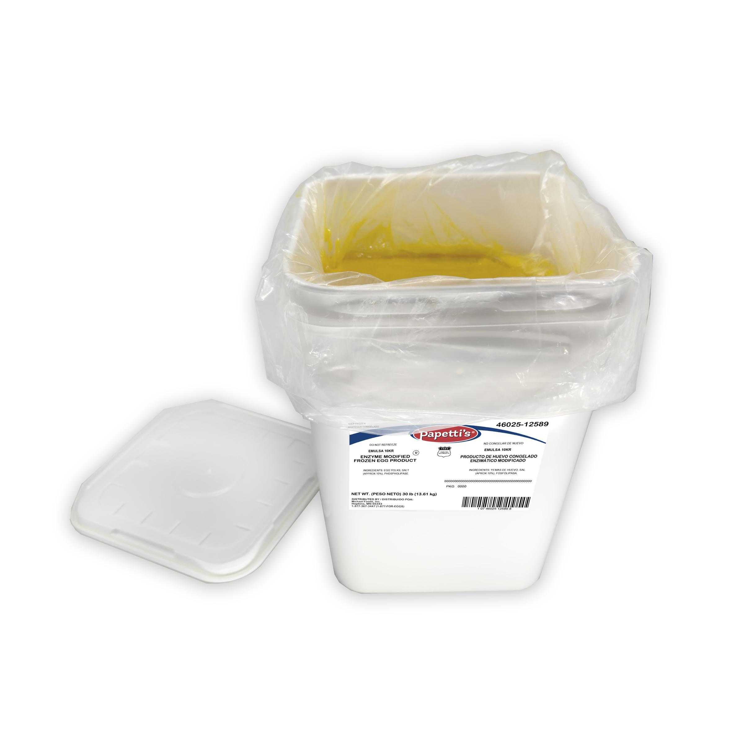 Papetti’s® Frozen Liquid 10KR Emulsa® Enzyme Modified Egg Product with 10% salt, 1/30 Lb Square Tub