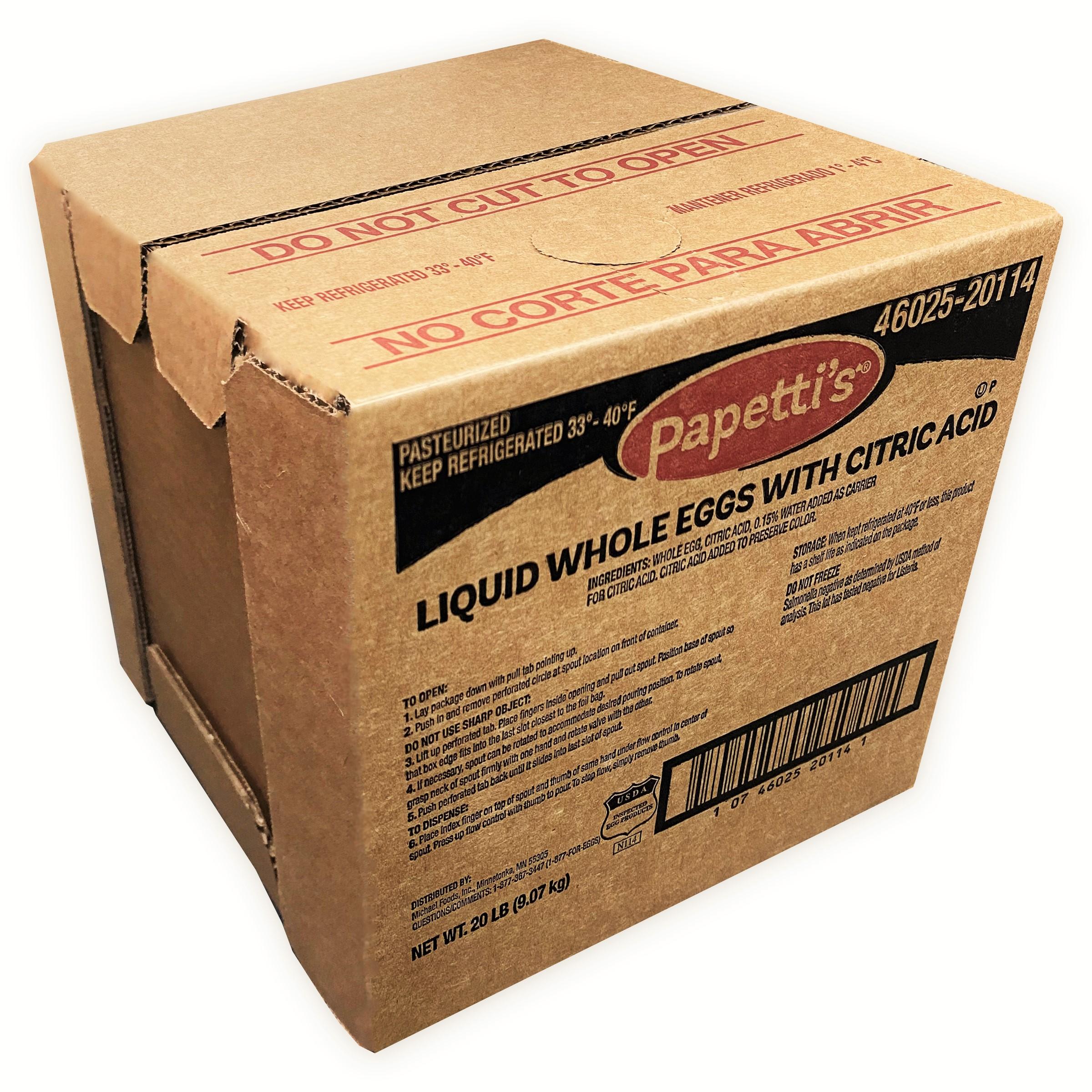 Papetti’s® Refrigerated Liquid Whole Eggs with Citric Acid, 1/20 Lb Bag