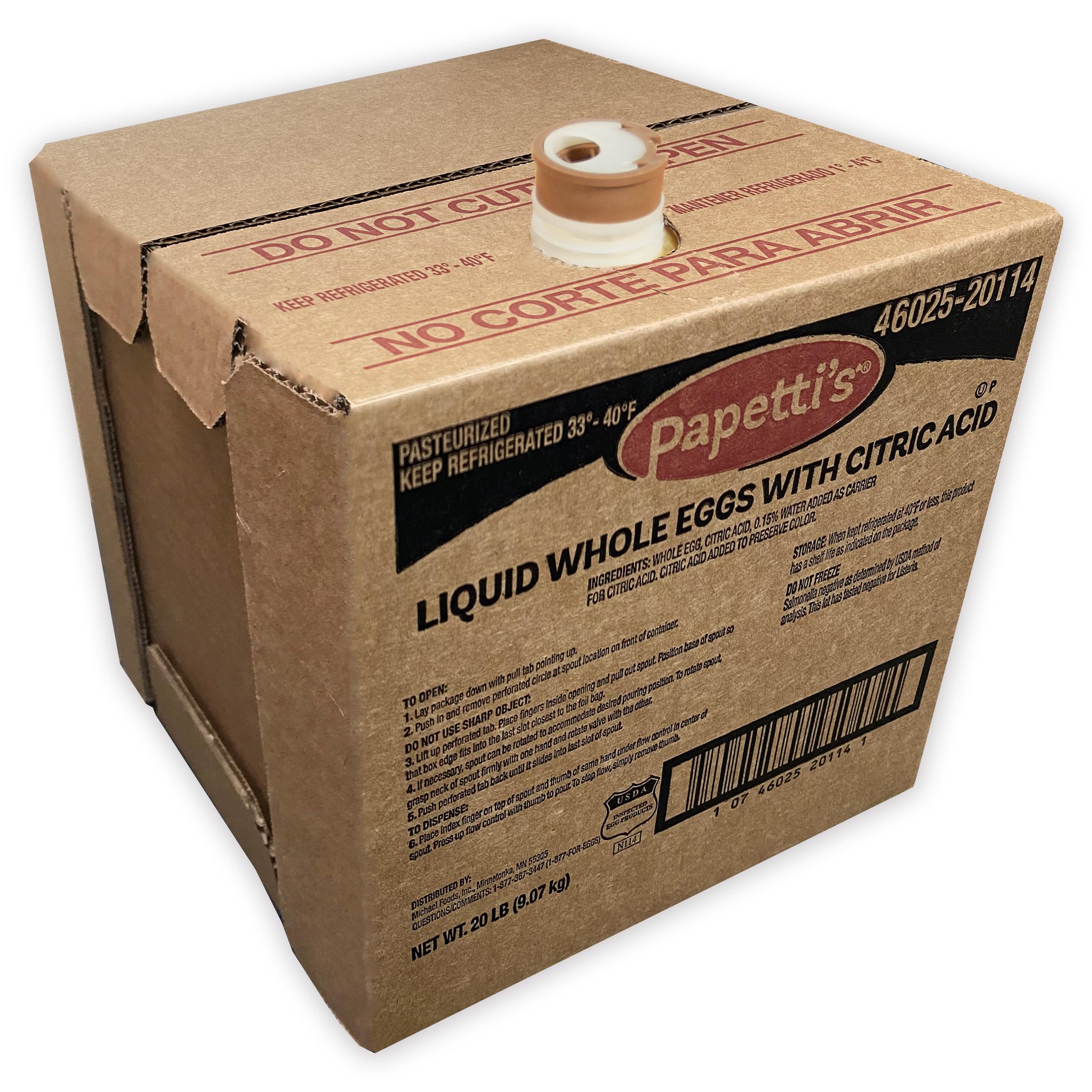 Papetti’s® Refrigerated Liquid Whole Eggs with Citric Acid, 1/20 Lb Bag
