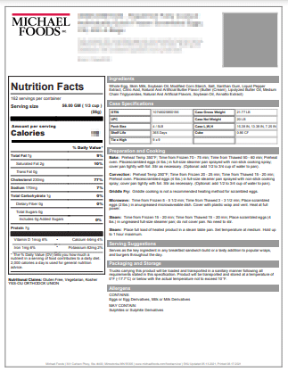 Papetti’s® Cage Free Refrigerated Liquid Whole Egg, 1/30 Lb Bag Specsheet PDF